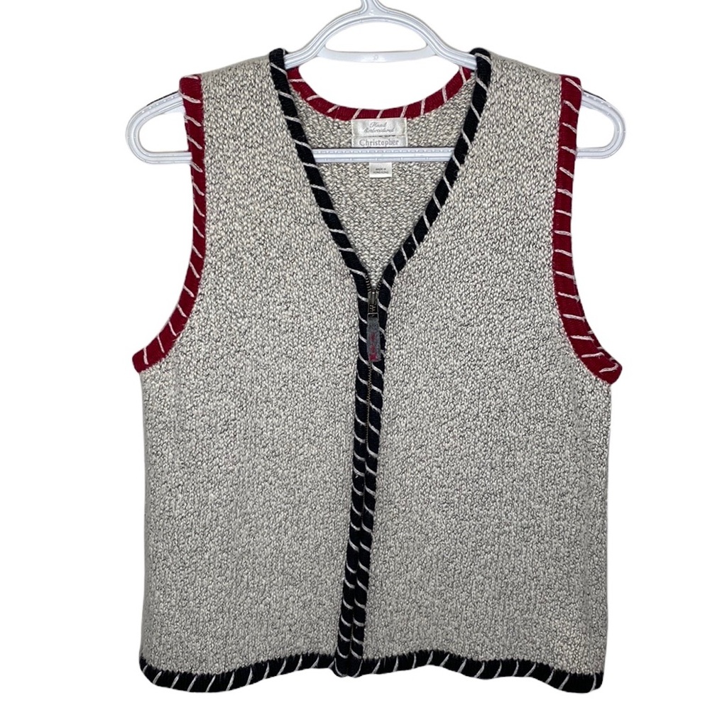 Vintage Christopher & Banks tipped embroidered zip cotton ramie blend vest sz M